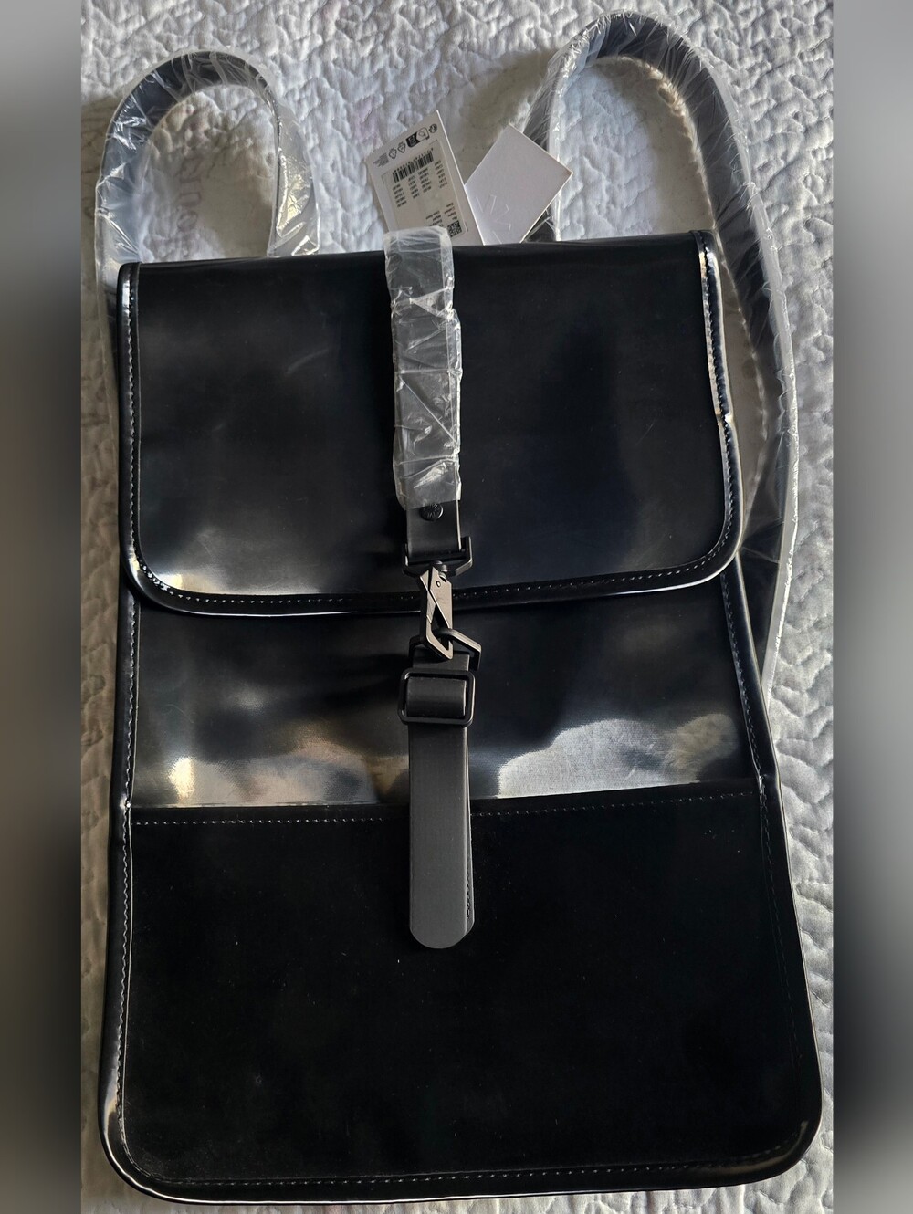 Men's Black Patent Leather Sling Backpack - Contemporary Urban Carry Waterproof